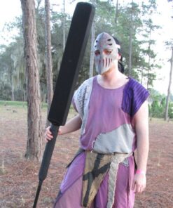 8ft Bandshop Glaive - Older Wider Blade with Masked Larper playing Dagorhir Battle Games in Purple Garb Tunic