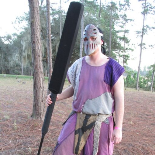 8ft Bandshop Glaive - Older Wider Blade with Masked Larper playing Dagorhir Battle Games in Purple Garb Tunic