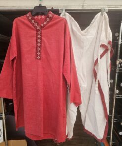 Red and White Long Sleeve Cotton Blend Tunic and White Linen Wrap Pants with Red Linen Bias Tape Set Size Large
