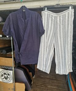 Blue Cotton Wrap Shirt and Blue and White Cotton Pants with Pockets Set Size Medium