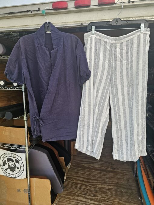 Blue Cotton Wrap Shirt and Blue and White Cotton Pants with Pockets Set Size Medium