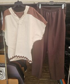 Tan and Brown Cotton Tunic and Polyester Pants with Pockets Set Size Medium-Large