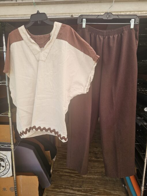 Tan and Brown Cotton Tunic and Polyester Pants with Pockets Set Size Medium-Large